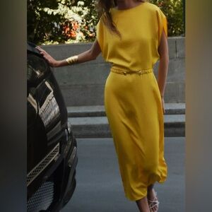 Zara Belted Satin Effect Yellow Midi Dress